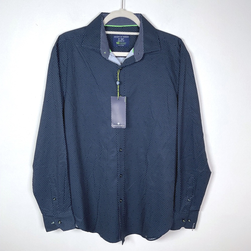 Society of Threads Mens Navy Dot Regular Fit Long Sleeve Dress Shirt MED NWT